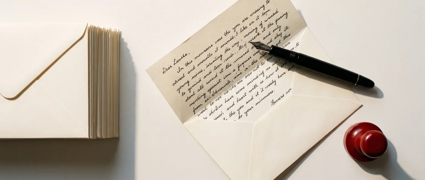 A letter desk: cream envelopes, a handwritten letter, a fountain pen and a red wax seal